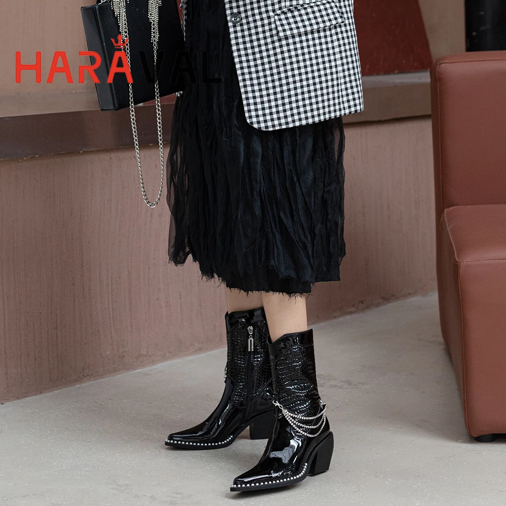 

HARAVAL Ankle Modern Boots Shoes High Heels Fashion Elegant Pointed Toe Genuine Leather Black Footwear Shoes Women Boot E528L