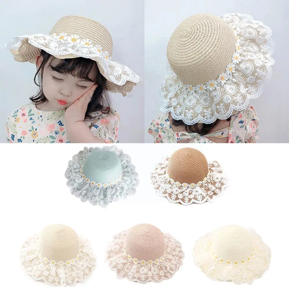 

Sun Hat Wide Brim Sun Protection Floppy Beach Cap Toddler For Kids Lace Ruffle Girls with Straw Girls S0W2