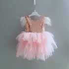 Новое платье с блестками и перьями для малышей на 1-й день рождения, летняя платье Детская Юбка-пачка Одежда для маленьких девочек