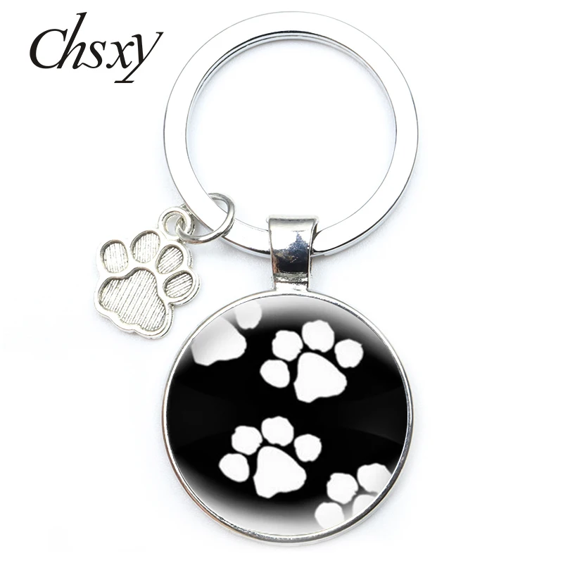 

Cute Pet Cat Dog Footprints Keychain Cabochon Glass Metal Key Ring Tai Chi Pattern Chain Backpack Pendant Fashion Jewelry Gift