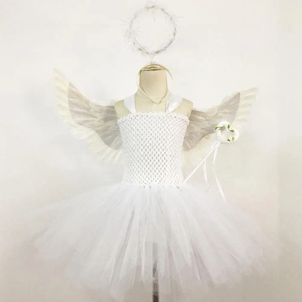 

4PCS Sweet Angel Costumes Tutu Dress Set for Girls Birthday Christmas Party Tutu Gowns with White Wings, Wand and Halo