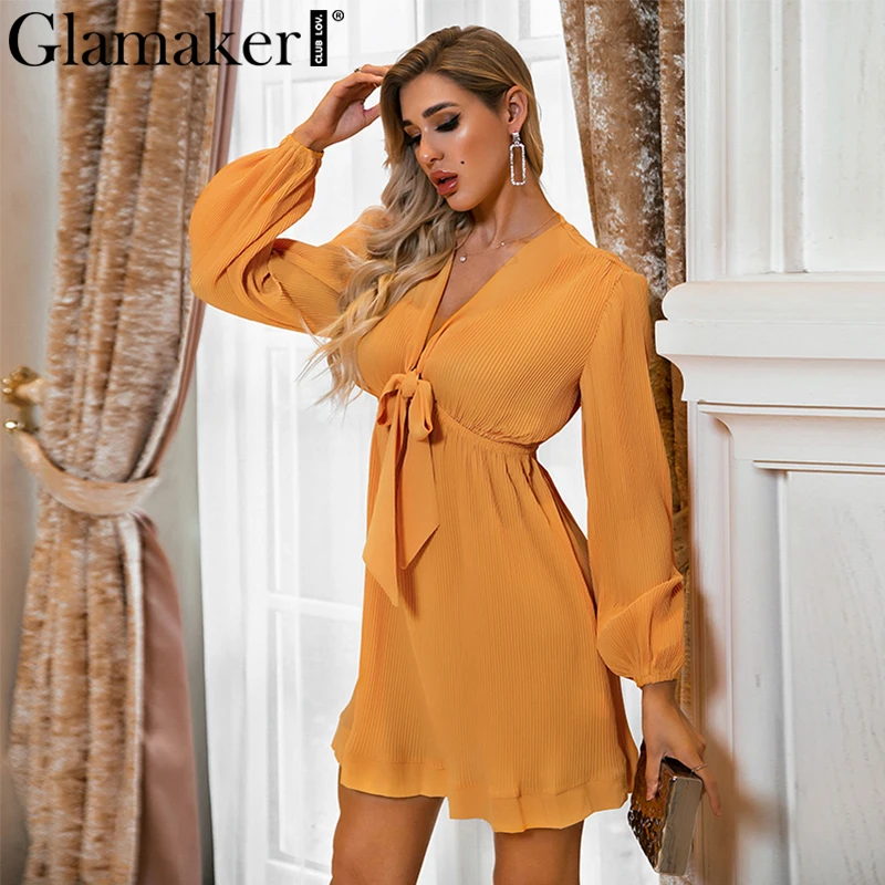 Женское шифоновое короткое платье Glamaker элегантное желтое плиссированное с v