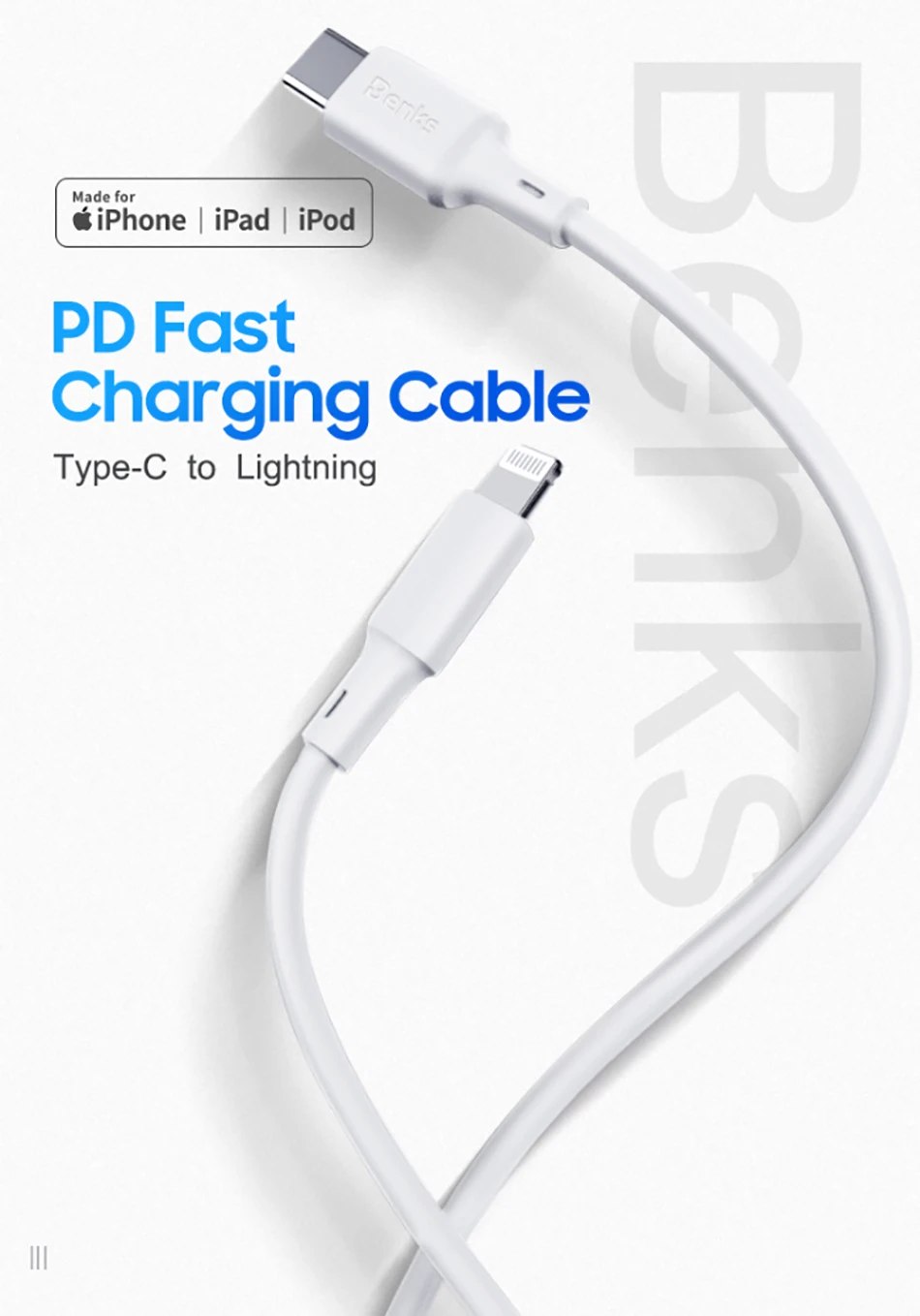Benks MFi PD кабель для быстрой зарядки для iPhone 11 Pro MAX X XR XS 8 Plus type C-Lightning Кабели для телефонов для iPad Pro шнур зарядного устройства