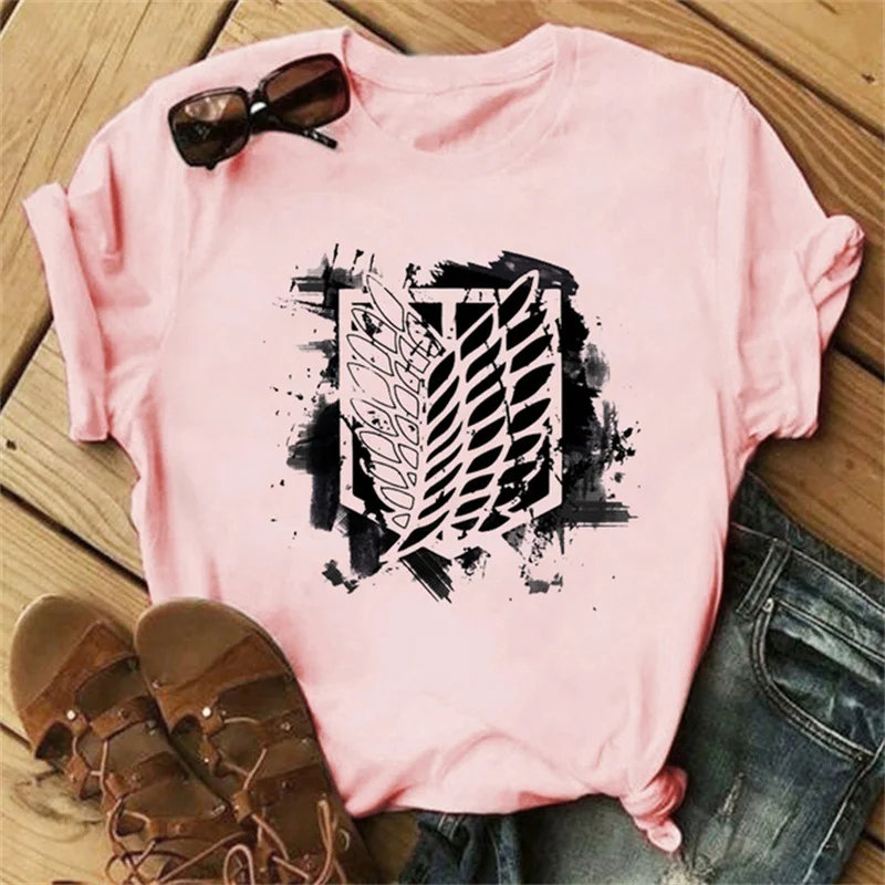 

Women Kawaii Harajuku Cartoon Titans Attack Kyojin Graphic Print Pink Tees Hot Japanese Anime Attack on Titan T Shirt Female