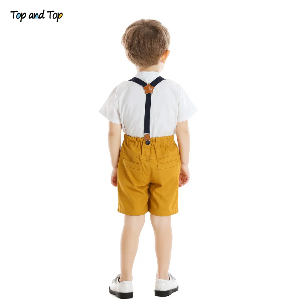 Top and Summer Kids Boy Casual Clothes Set Cotton Short Sleeve Bow Tie Tops+ Suspender Shorts Children Gentleman Suit |