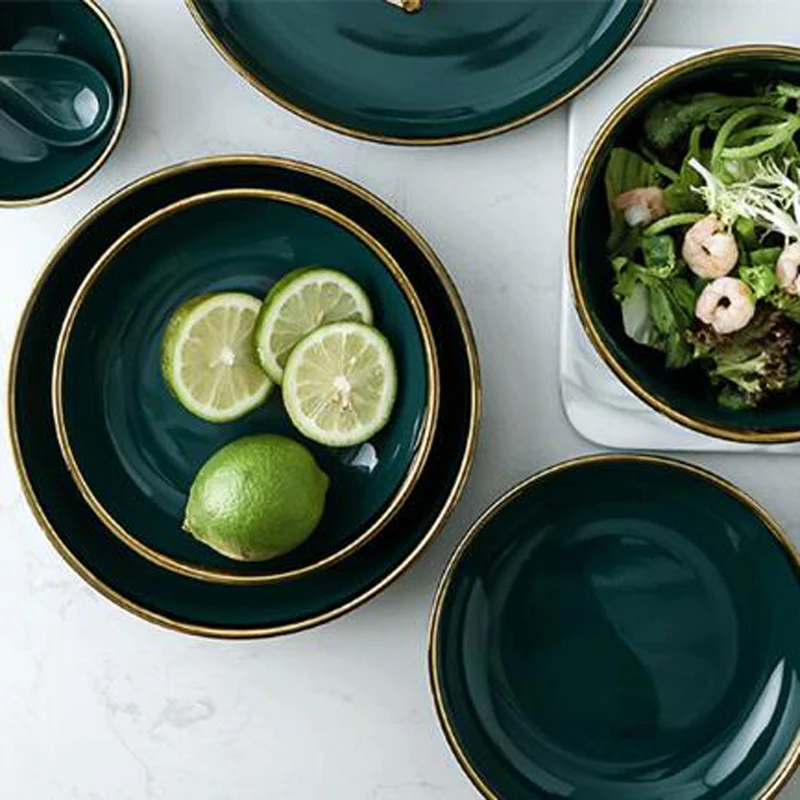 Посуда зеленый керамический столовый сервиз Золотая инкрустация фарфоровая