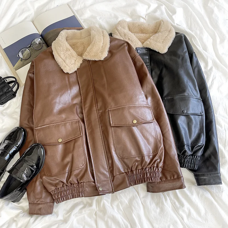 

Fuzzy Lapel Flap Pocket Pu Leather Motorcycle Jacket Browm / Black