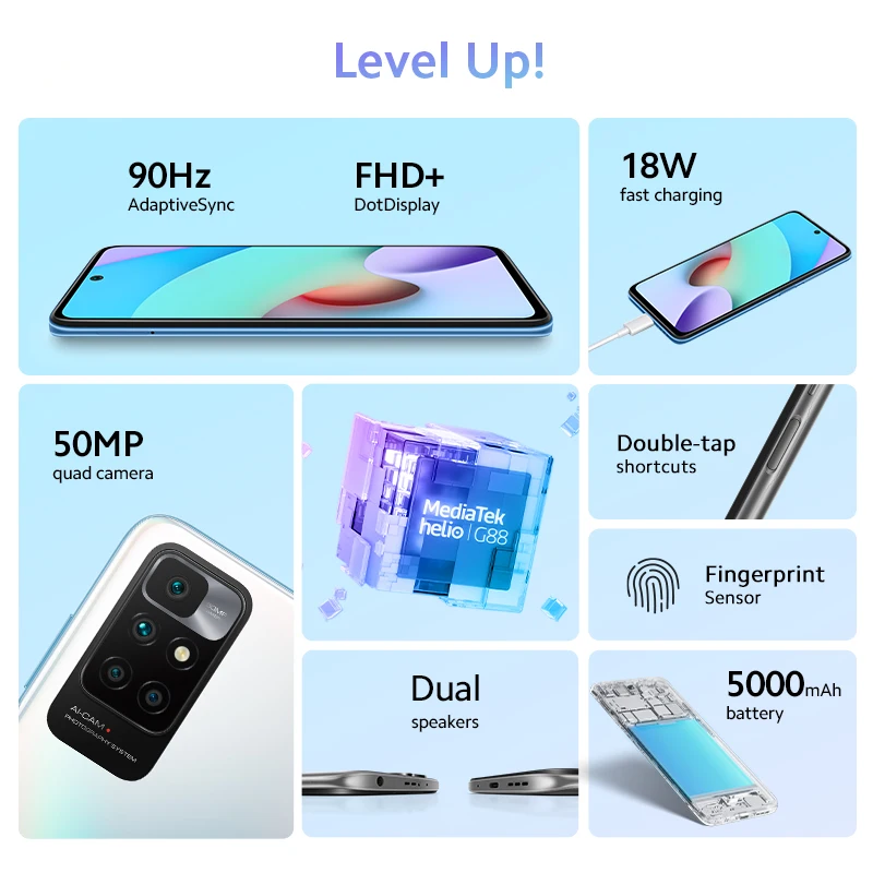 Ceny Nowa Globalna Wersja Xiaomi Redmi 10 64GB / 128GB MTK Helio G88 50MP Kamera 90Hz 6.5 ''ekran 5000mAh 18W Szybkie ładowanie Telefonów Komórkowych