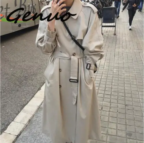 

Genuo, новинка 2019, осенняя ветровка, женский двубортный длинный плащ, корейский стиль, женская одежда, уличная одежда