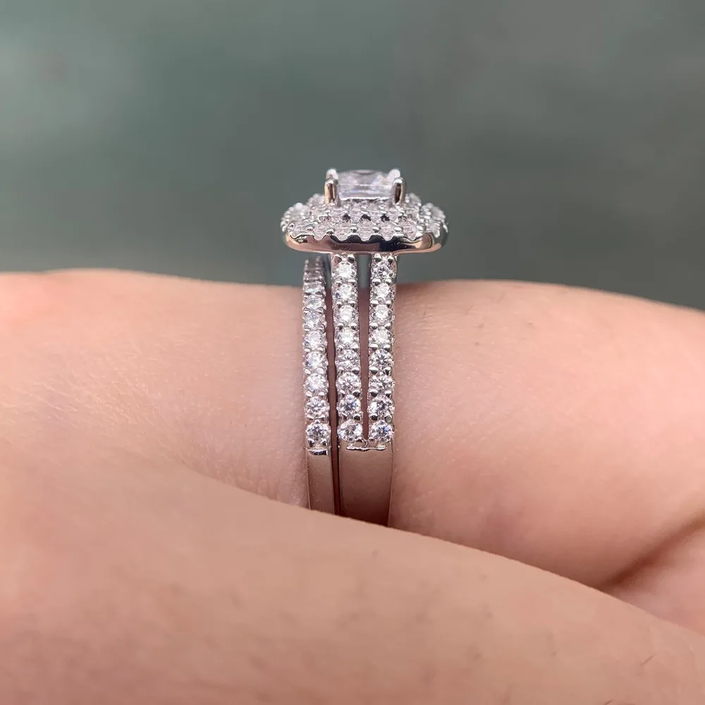 Wuziben 2 шт. 925 стерлингового серебра Свадебные Кольца для женщин 1.5Ct Принцесса Cut Белый Циркон Обручальное кольцо набор классических ювелирных изделий
