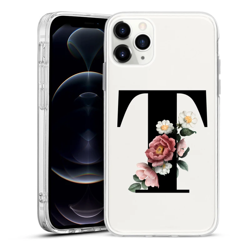 

Black floral font alphabet custom combination name TPU silicone phone cover case For iPhone 11 12 Pro Max SE 6 6S 7 8 Plus XR XS