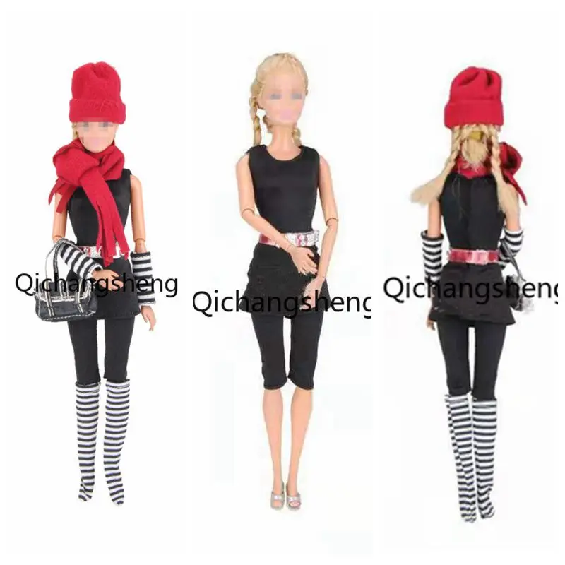 

1/6 Classic Black Jumpsuit Outfits Set For Barbie Doll Clothes Red Hat Scarf Sleeves Bag Socks 11.5" Dolls Accessories Kids Gift