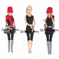 16 classic black jumpsuit outfits set for barbie doll clothes red hat scarf sleeves bag socks 11 5 dolls accessories kids gift