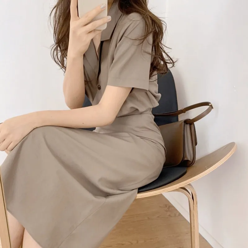Office Lady Commute Skirt Two Piece Women Set Short Sleeve Single Breasted Turn Down Collar Top and High Waist A-line Skirt Suit
