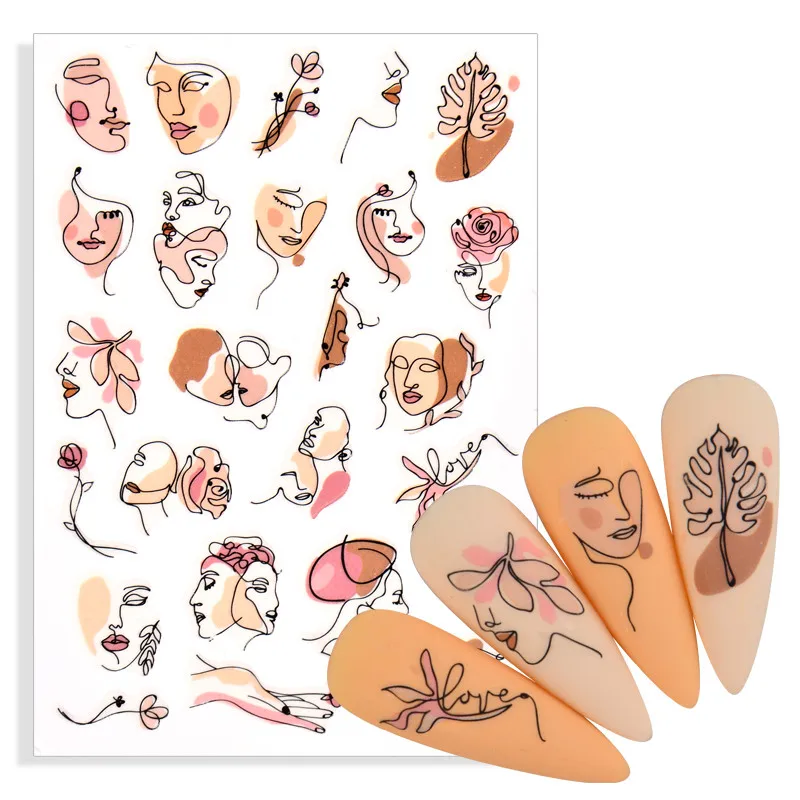 

2021 New Designs Abstract Women Face Nail Sticker Black Flower Leaf Dreamcatcher Hollow Animal Sketch Geometric Lines Nail Decal