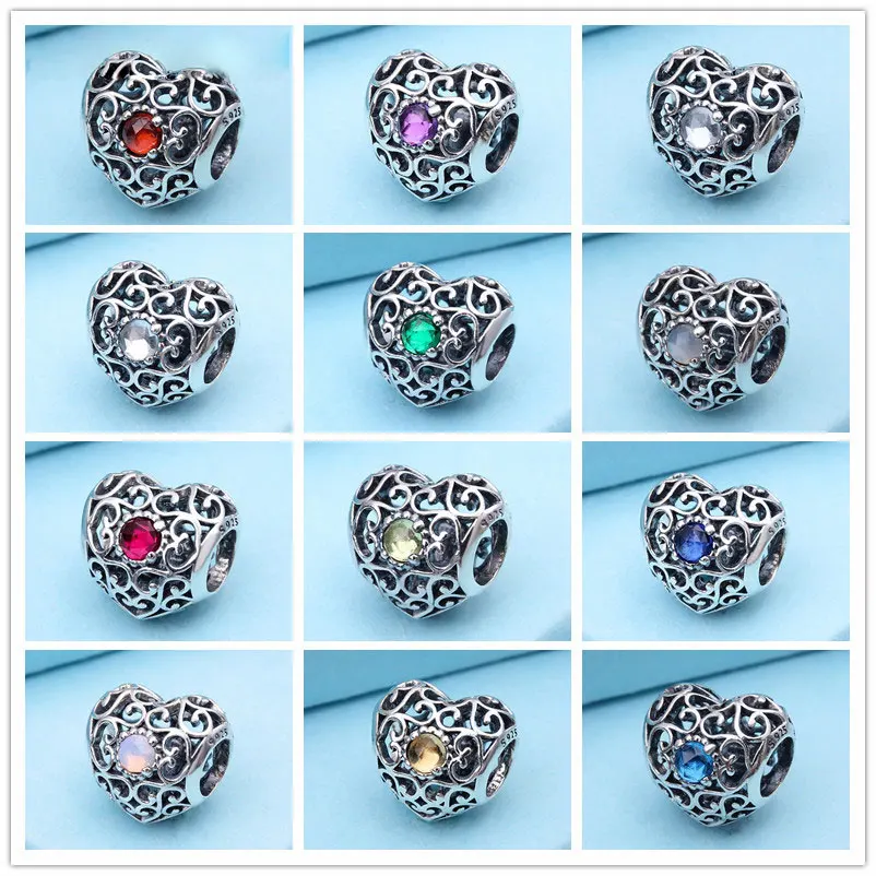 

925 Sterling Silver Love Heart Birthstone Charm Bead with Cubic Zirconia Fits All European Pandora Jewelry Bracelets Necklaces