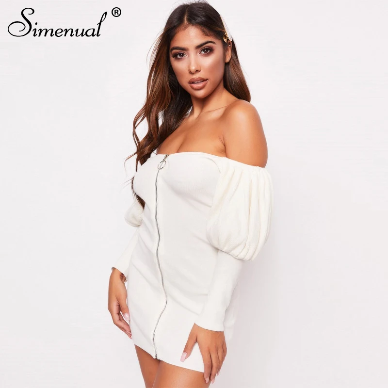 Simenual, бодикон, на молнии, модное Мини платье для женщин, с открытыми плечами, фонарь, длинный рукав, платье для вечеринки, сексуальное, хит, осенняя Клубная одежда, новинка