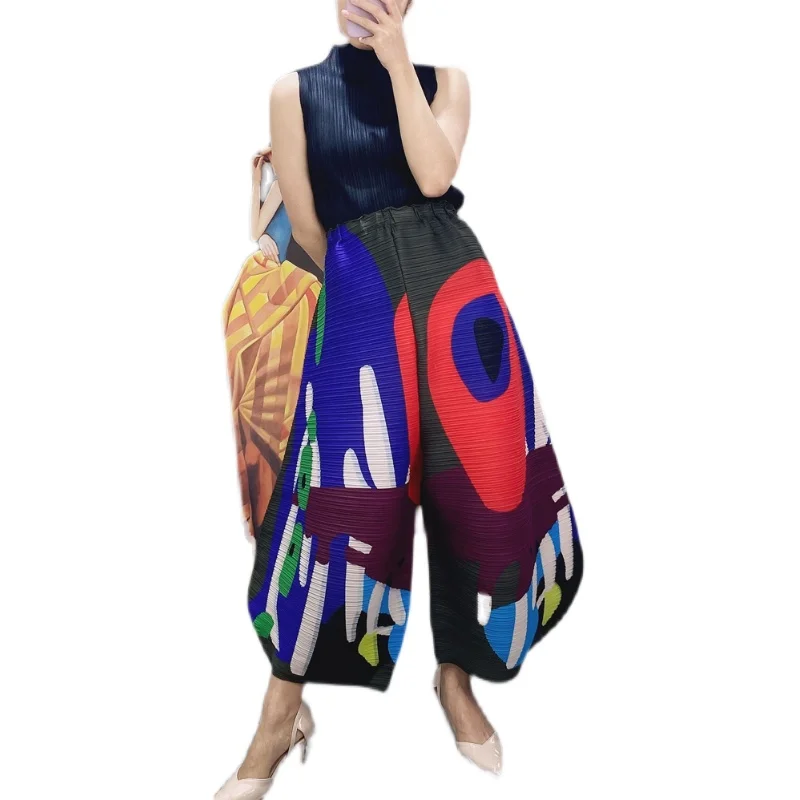 Changpleat 2021 spring summer new printed pants Miyak Pleated Fashion design cropped pants Loose Large Size wide leg pants Tide