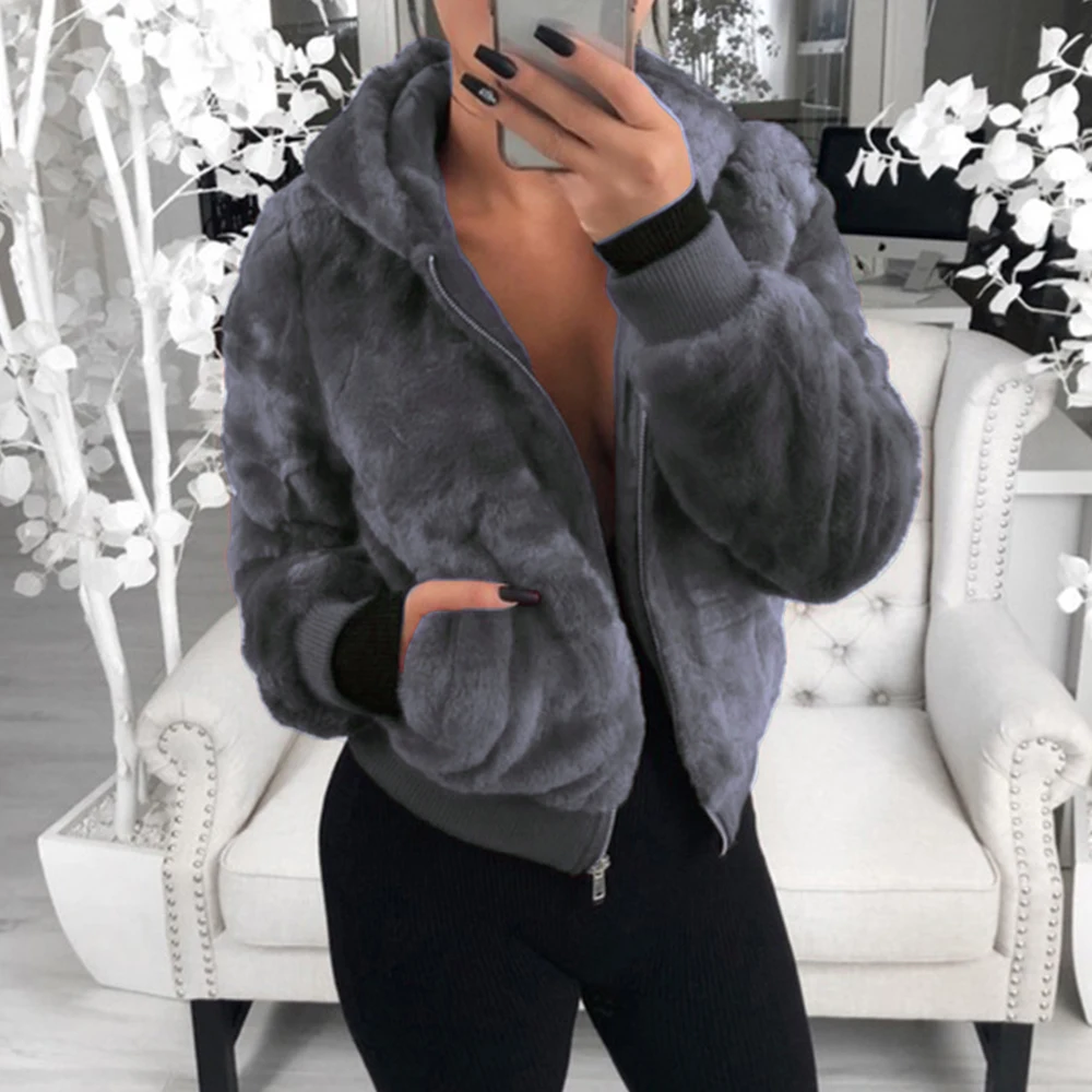 

NIBESSER Faux Fur Women Coat With Hood 2021 Autumn Slim Black Red Pink Faux Fur Jacket Fake Rabbit Fur Coats Women Short Jackets