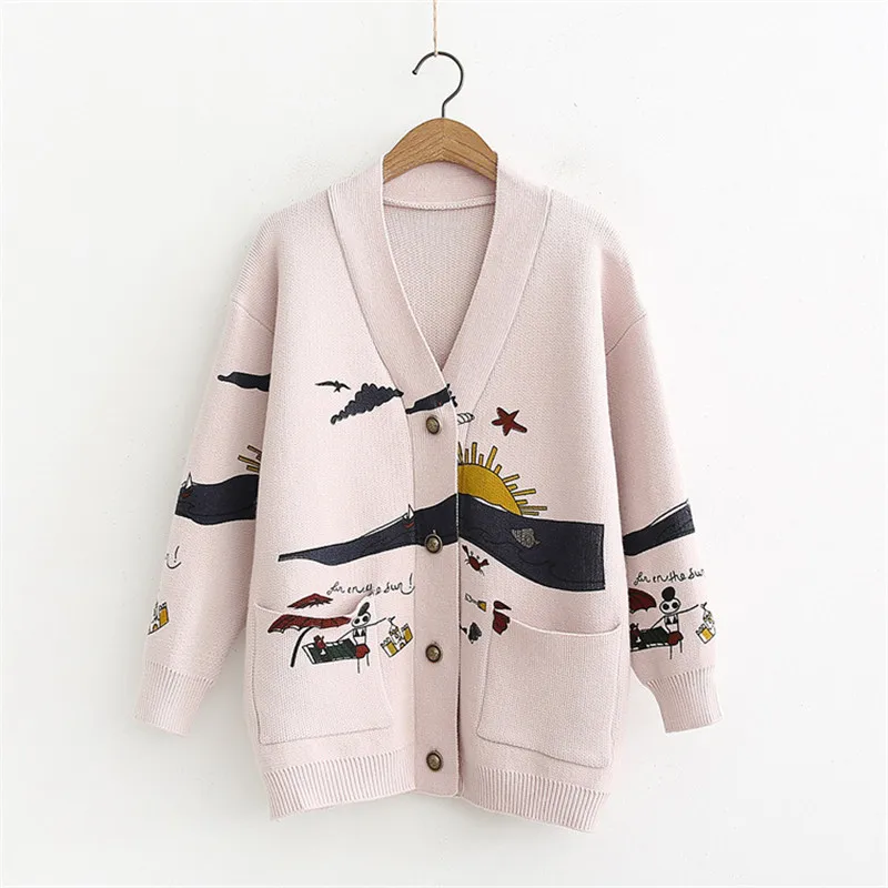 E3783Pink Осень-зима, Женский вязаный кардиган, свитер, повседневный японский, Мори, девушка, v-образный вырез, жаккардовый кардиган, пальто, свободные топы - Цвет: E3783Pink