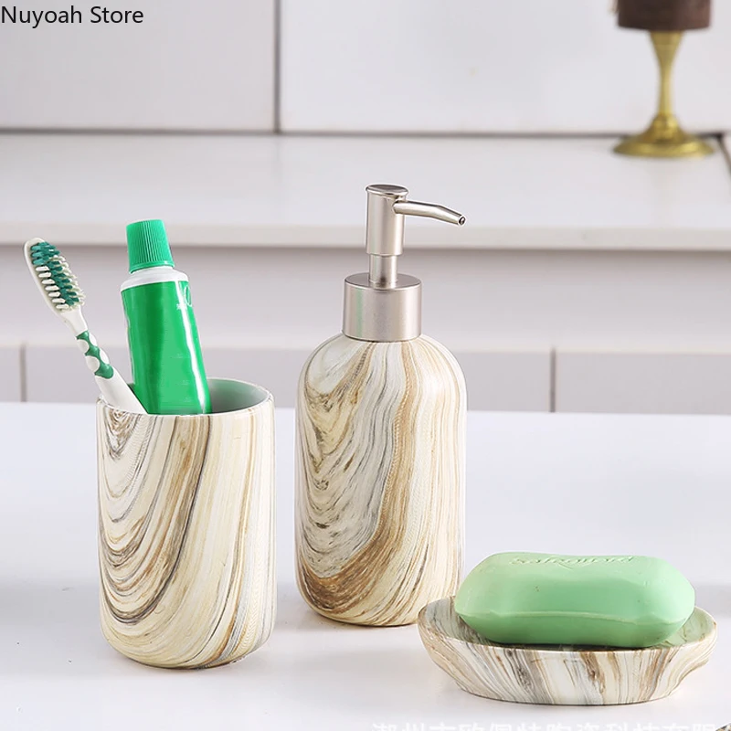 

Nordic Bathroom Supplies Wood Grain Ceramic Lotion Bottle Soap Dish 260ml Mouthwash Cup Home Bathroom Decoration Accessories
