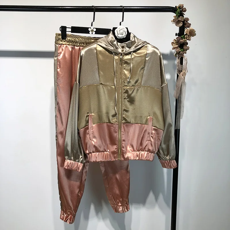 Gplus зимние повседневные брюки костюм женский спортивный пэчворк атласная куртка