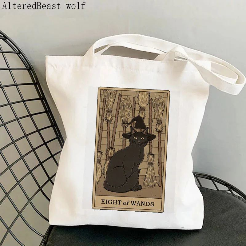

Women Shopper bag Eight of Wands cat Tarot Kawaii Bag Harajuku Shopping Canvas Shopper Bag girl handbag Tote Shoulder Lady Bag