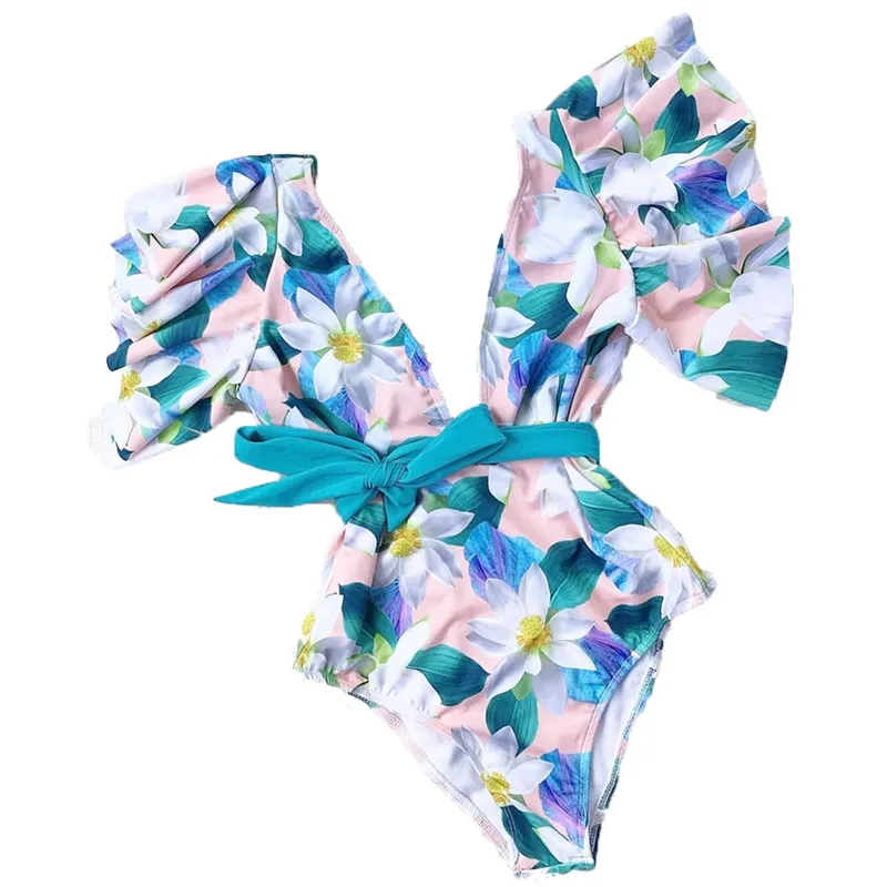 2020 Womens Swimming Costume Deep V Neck Monokini Swimwear Push Up Padded Bikini Floral One Piece Backless Swimsuit Biquini |