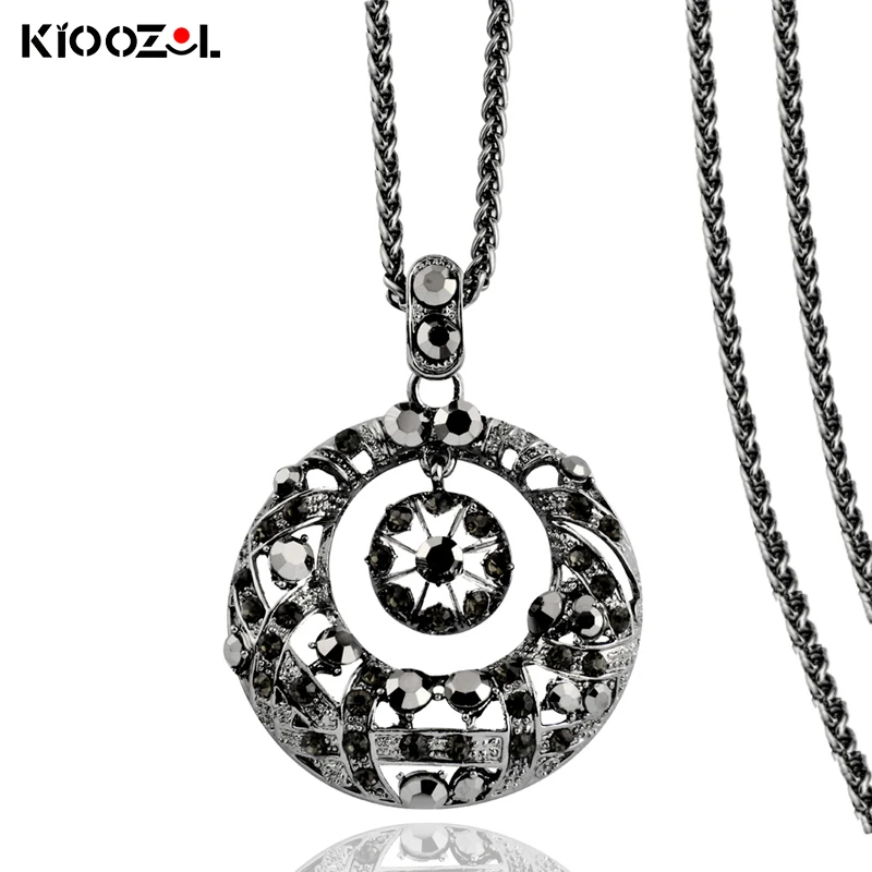

KIOOZOL Vintage Colorful Crystal Pendant Black Silver Color Long Necklace for Women Party Jewelry Gifts 011 KO2