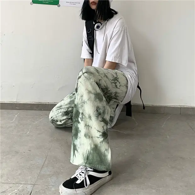 

Ins Korean loose Retro Tie Dyed casual pants splash ink dark high street pit pattern wide leg floor dragging pants men's and