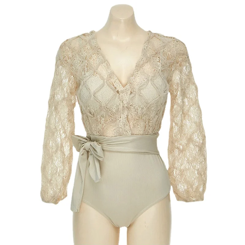 

Korea Fashion Swimsuit 2021 New Solid Color High Waist Long Sleeve One-piece Bikini Bathing Suit Swimming Suit for Women