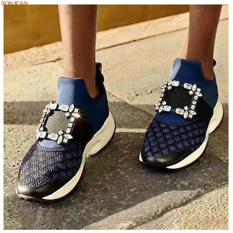 

New Mesh Crystal Trainers Creeper Sneakers Fashion Women Casual Shoes Thick Bottom Platform Rhinestone Luxury Flat Shoes