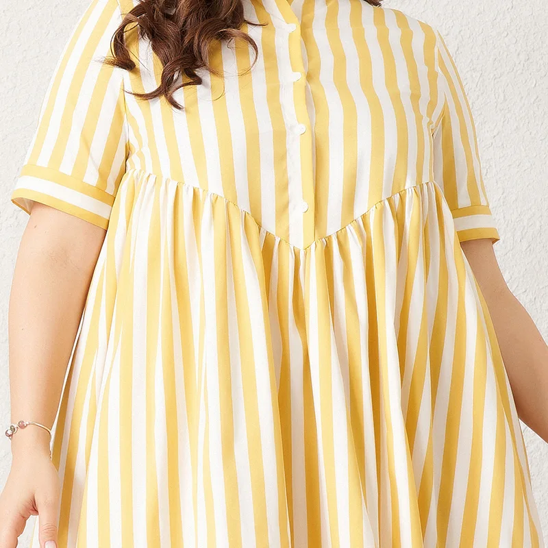 

2021 New Summer Women's Plus Size Dress Holiday Loose Yellow Striped Print Button Lapel Half Sleeve Maxi Casual Long Dresses