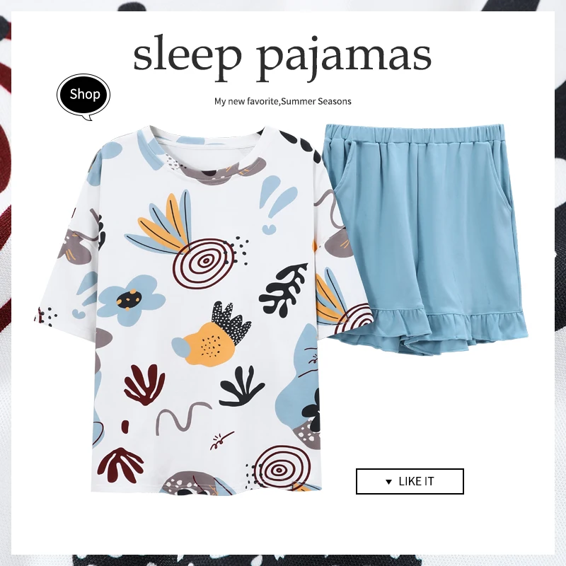 CAIYIER Japanese Summer Women Pajamas Cotton Girls Cute Cartoon Sleepwear Short Sleeve Shorts Round Neck Lounge Print Nightwear