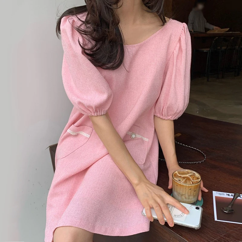 

Korean Chic Summer French Sweet Round Neck Pink Tender Skin Loose All-Match Puff Sleeve Small Dress Female