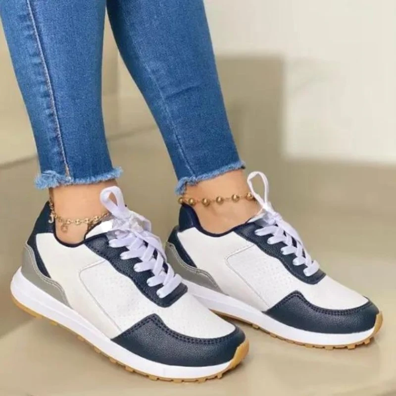 

Autumn New Products Women's Fashion PU Leather Color Matching Lace Up Casual Sports Shoes Comfortable Hot Women's Shoes KP166