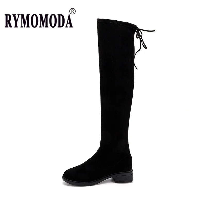 

RYMOMODA Over The Knee Boots Women 2021 Fashion Elastic Flock Thigh High Boots Plus Size 44 Women Long Black Low Heels Shoes