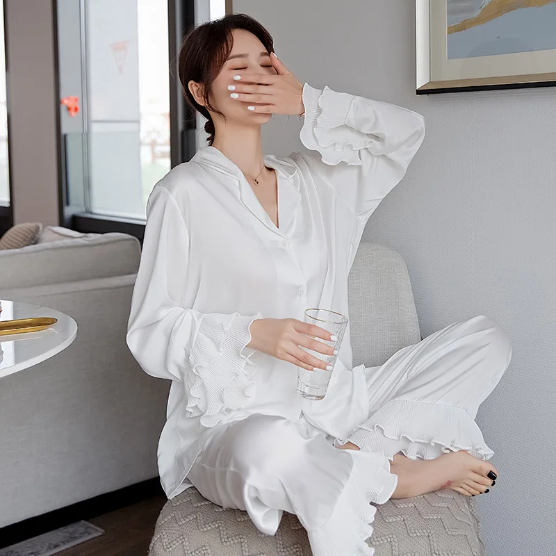 

Turn-Down Collar Novelty Women Home Clothing Intimate Lingerie Sexy White Pajamas Suit Nightwear Satin Sleep Set Nightgown