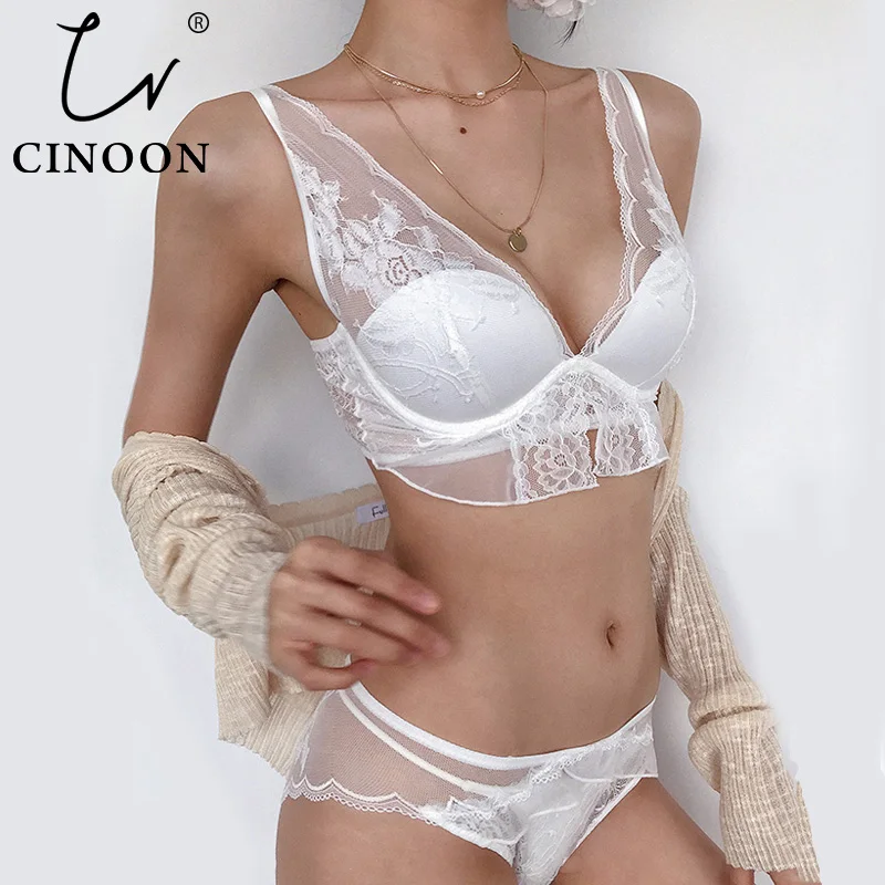 Женский кружевной бюстгальтер CINOON комплект нижнего белья Пуш Ап с глубоким v