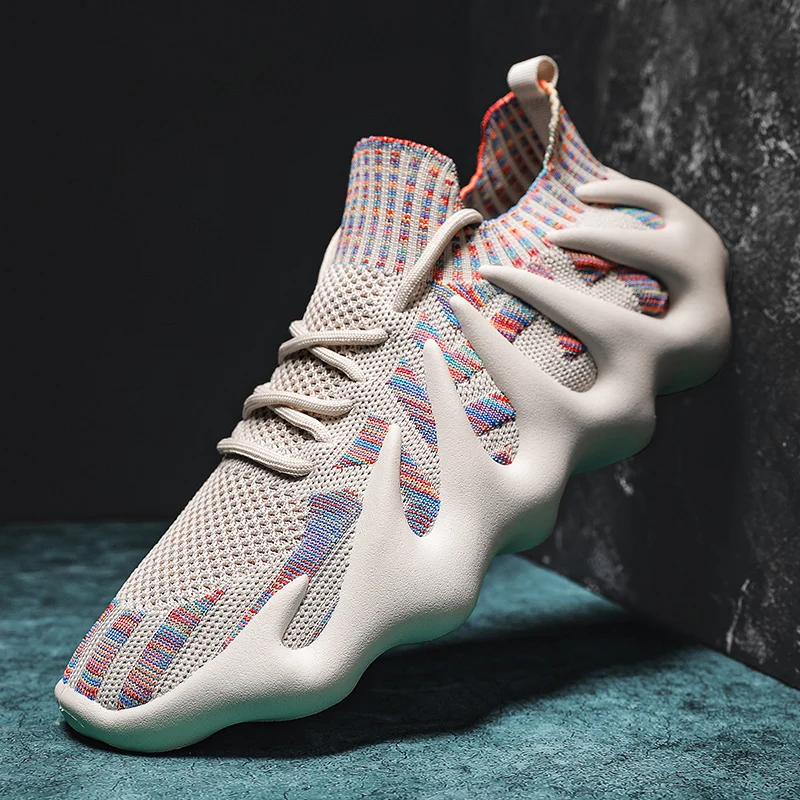 

Multicolored Fly Woven Male Sport Shoes Summer Lightweight Breathable Mesh Men's Sneakers TPR Bottom Lace-up Men's Casual Shoes