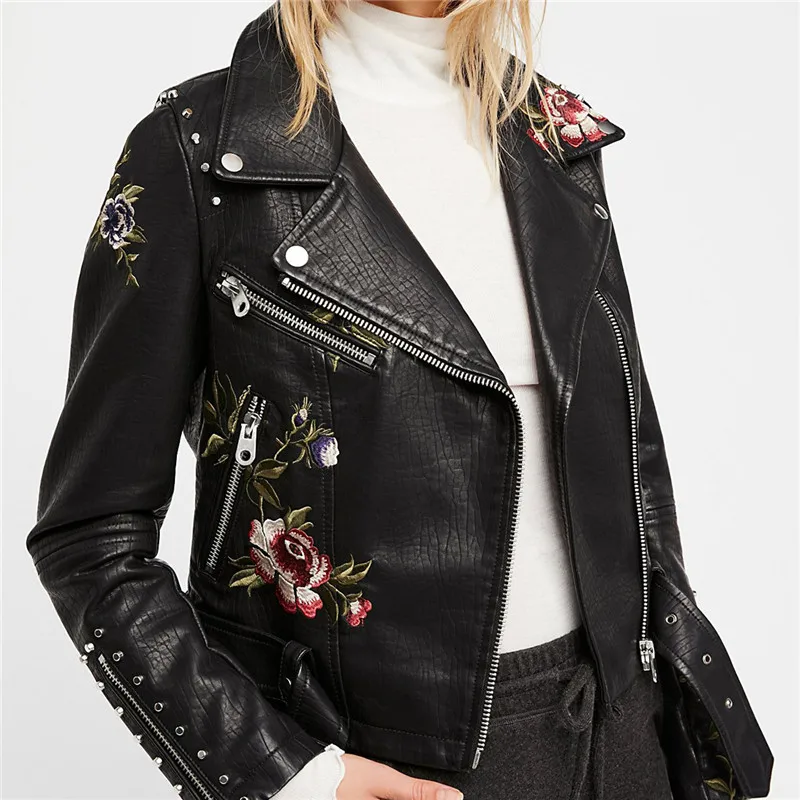 

Autumn 2020 coat faux leather biker jacket women leather jacket streetwear womens floral zip up jackets with belt mujer