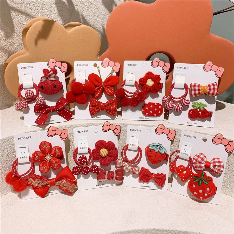 

4pcs Red New Year Girl Elastic Hair Band Tie Rope Ring Hairpin Hairclip Hair Clip Pin Barrettes Hairgrip Accessories Scrunchies