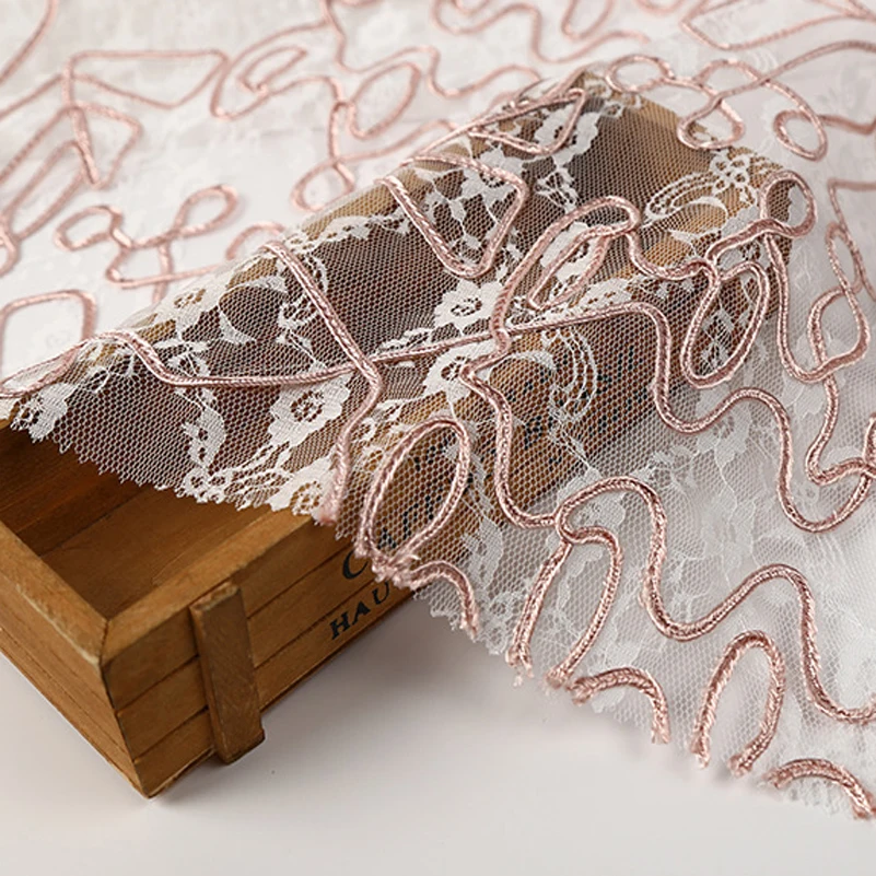 

Pink Rope Embroidery Geometric Mesh Lace Fabric Party Dresses Sewing Clothes by the Meter