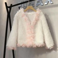 white fur coat women 2021 autumn and winter new korean style loose flower decoration v neck imitation rabbit fur short coat top