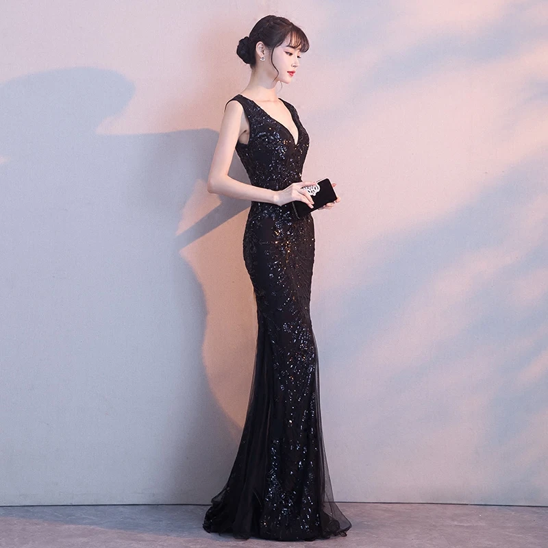 

Sequins Cheongsam Fashion Female Bling Banquet Dance Qipao Elegant Deep V-neck Slim Exquisite Evening Dress chinese wedding