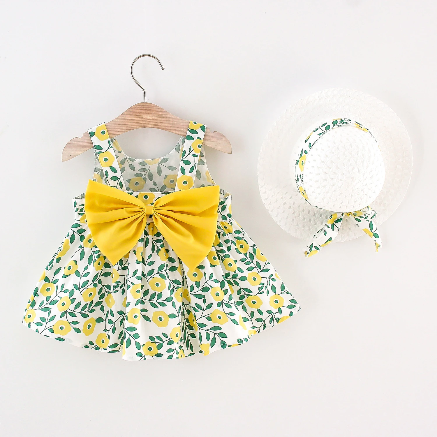 

2021 Hot-Selling Children's Clothing New Product Summer Girl Cute Solid Color Bow Full Body Small Flower Sling Dress With Hat