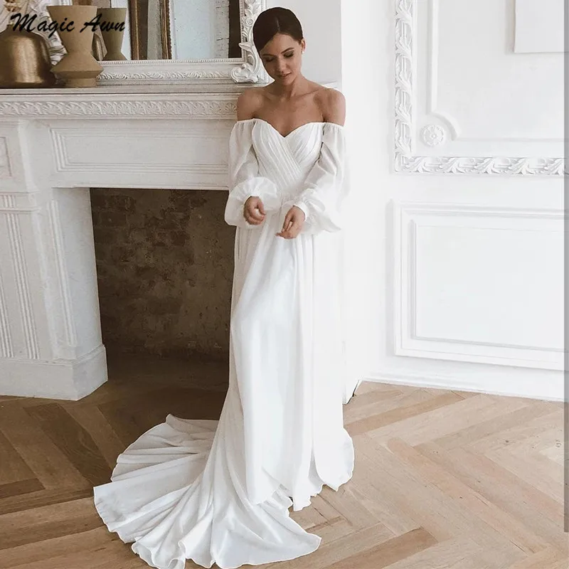

Magic Awn Off Shoulder Chiffon Beach Wedding Dresses Long Sleeves Simple Boho Bridal Gowns With Train For Women Robe Mariage
