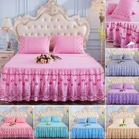 Romantic Flower Pattern Lace and silk Double Bed Skirt,Non-slip Lace Bed Skirt set,Bed Skirt*1 ,Pillowcases *2