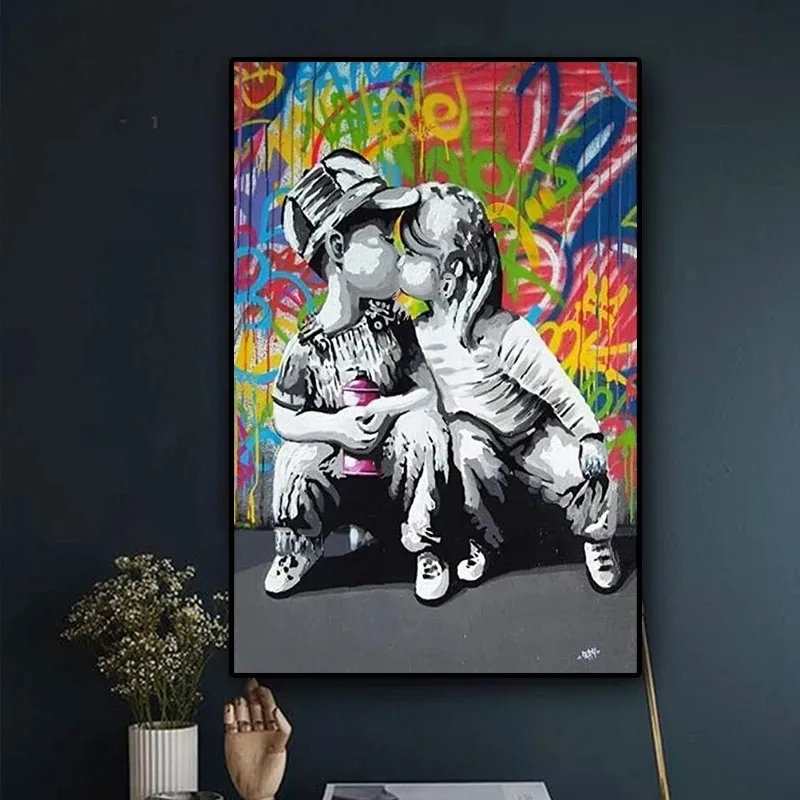 

Modern Graffiti Street Art Abstract Boy Kiss Girl Canvas Painting Poster and Prints Banksy Pop Wall Art Picture for Living Room