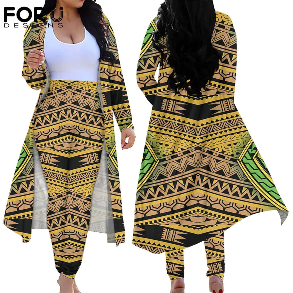 

FORUDESIGNS Polynesian Traditional Tribal Print 2 Piece Set Women's Long Sleeve Cardigan High Waist Skinny Pants Fashion Outfits
